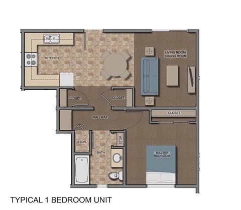 Floor plan for 1 bed, 1 bath, 857 sqft